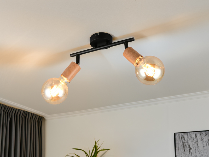 LED Deckenstrahler 2-flammig aus Metall in Schwarz & Holzoptik, Breite 35cm