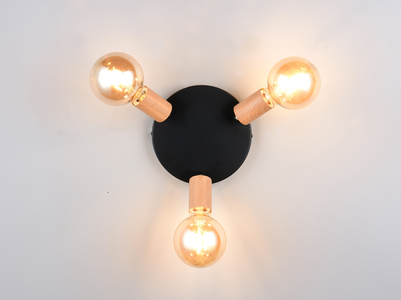 LED Deckenstrahler 3-flammig rund aus Metall in Schwarz & Holzoptik, Ø 29cm