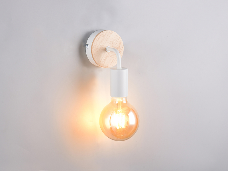 Kleine LED Wandleuchte Metall in Weiß mit Holz, Höhe 15,5cm