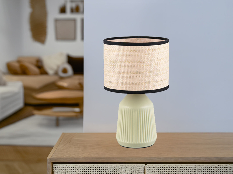 LED Tischlampe dimmbar, Keramikfuß Grün, Papierschirm geflochten, Höhe 26,5cm