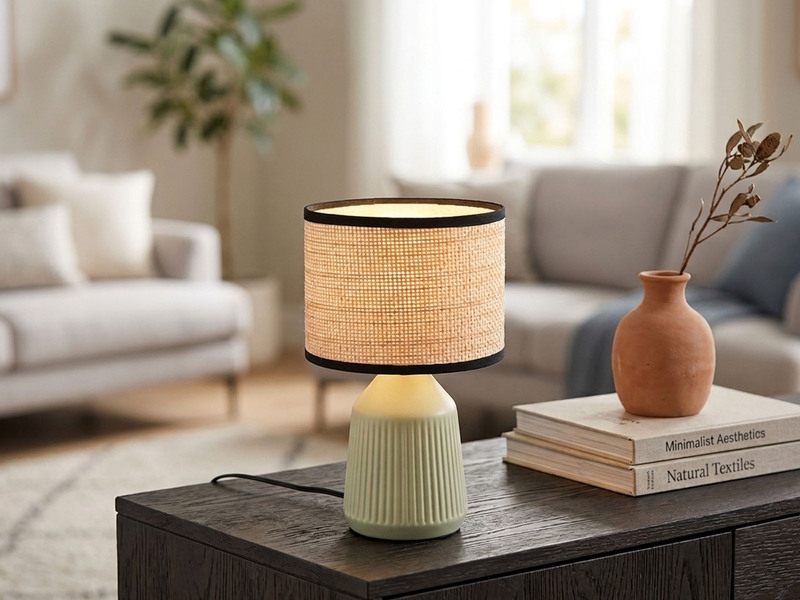 LED Tischlampe dimmbar, Keramikfuß Grün, Papierschirm geflochten, Höhe 26,5cm