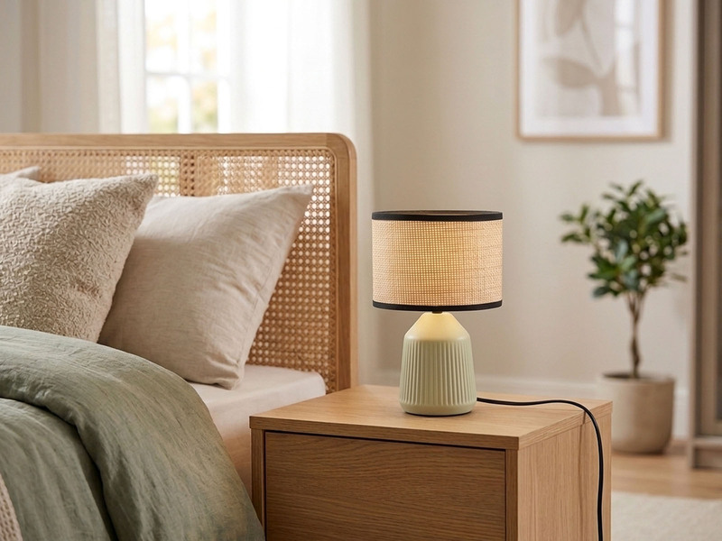 LED Tischlampe dimmbar, Keramikfuß Grün, Papierschirm geflochten, Höhe 26,5cm