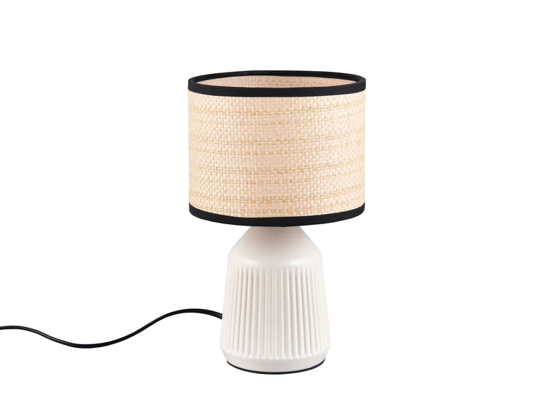LED Tischlampe dimmbar, Keramikfuß Weiß, Papierschirm geflochten, Höhe 26,5cm