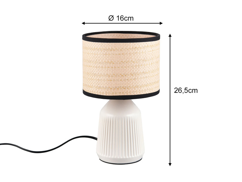 LED Tischlampe dimmbar, Keramikfuß Weiß, Papierschirm geflochten, Höhe 26,5cm
