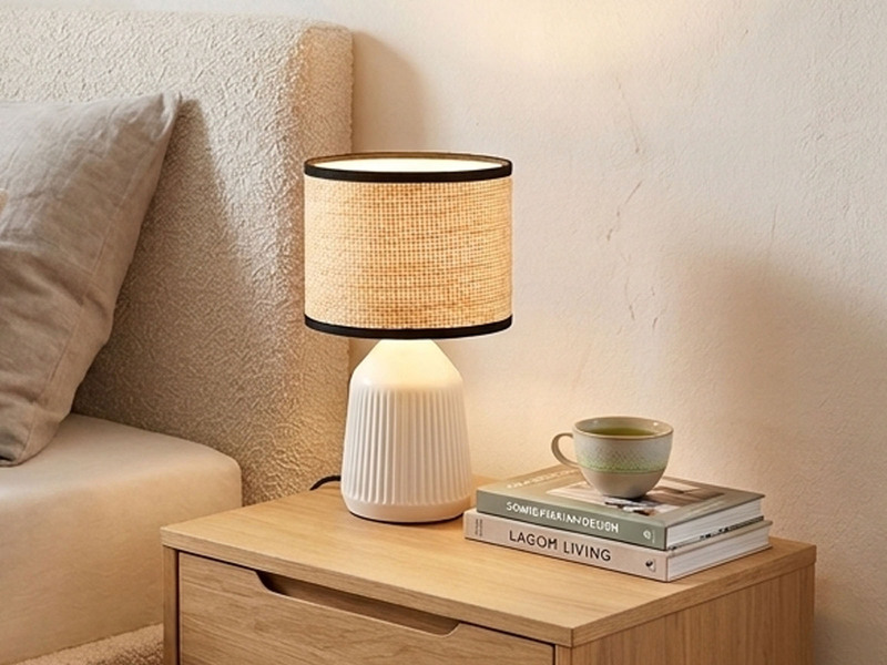 LED Tischlampe dimmbar, Keramikfuß Weiß, Papierschirm geflochten, Höhe 26,5cm