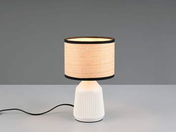 LED Tischlampe dimmbar, Keramikfuß Weiß, Papierschirm geflochten, Höhe 26,5cm LED Tischlampe dimmbar, Keramikfuß Weiß, Papierschirm geflochten, Höhe 26,5cm
