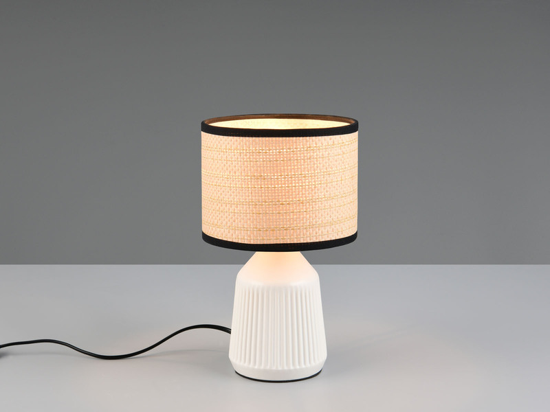 LED Tischlampe dimmbar, Keramikfuß Weiß, Papierschirm geflochten, Höhe 26,5cm