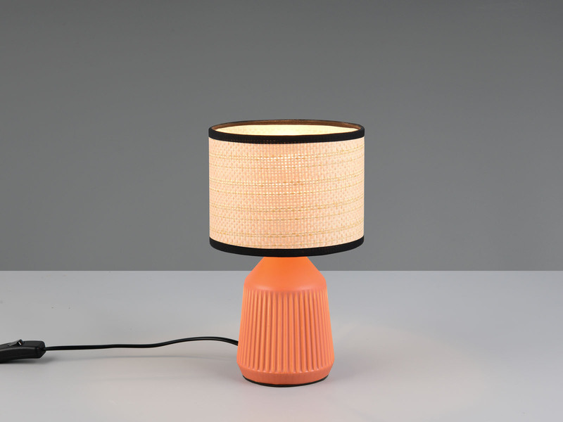LED Tischlampe dimmbar, Keramikfuß Terrakotta, Papierschirm geflochten, H 26,5cm