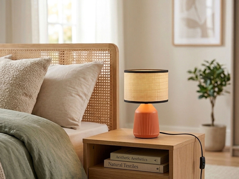 LED Tischlampe dimmbar, Keramikfuß Terrakotta, Papierschirm geflochten, H 26,5cm