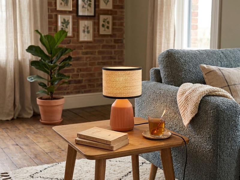 LED Tischlampe dimmbar, Keramikfuß Terrakotta, Papierschirm geflochten, H 26,5cm