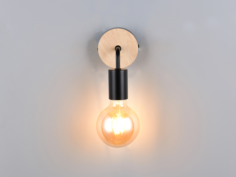 Kleine LED Wandleuchte Metall in Schwarz mit Holz, Höhe 15,5cm