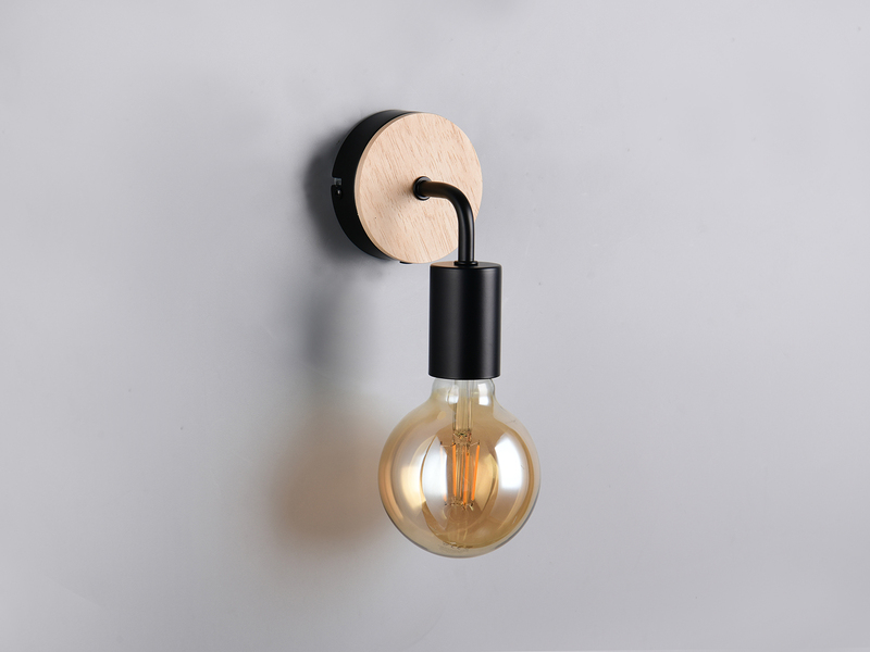 Kleine LED Wandleuchte Metall in Schwarz mit Holz, Höhe 15,5cm