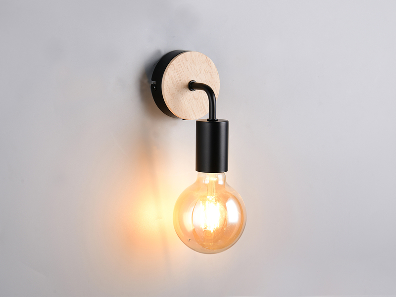 Kleine LED Wandleuchte Metall in Schwarz mit Holz, Höhe 15,5cm