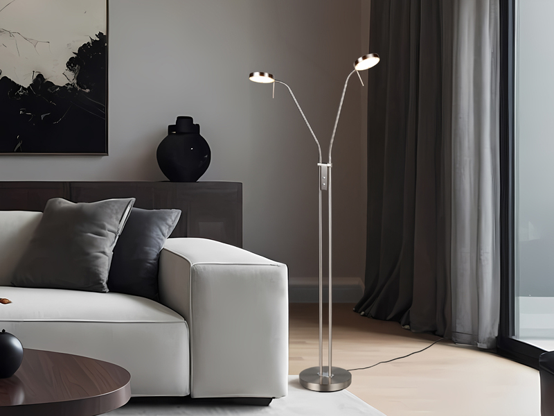 Moderne LED Stehlampe MONZA dimmbar, 2-flammig Silber, Höhe 160cm