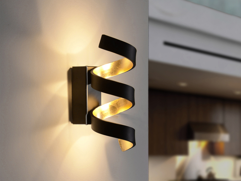 Ausgefallene LED Wandleuchte HELIX Schwarz / Gold, Höhe 26cm