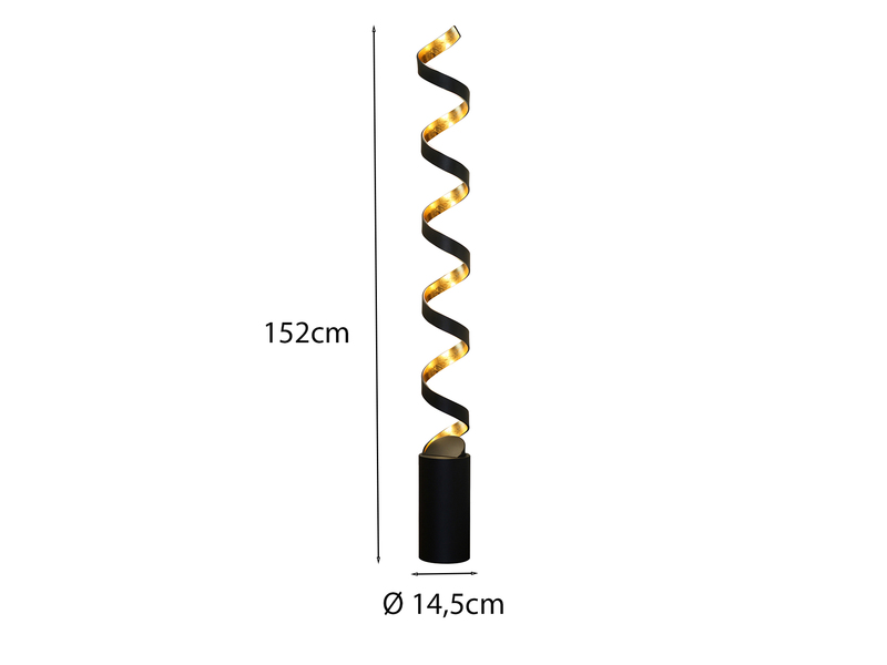 Ausgefallene LED Stehlampe HELIX Schwarz / Gold, Höhe 152cm