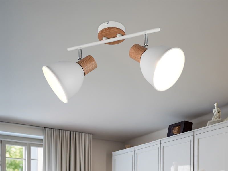 LED Deckenstrahler 2-flammig aus Metall in Weiß & Holzoptik, Breite 49cm
