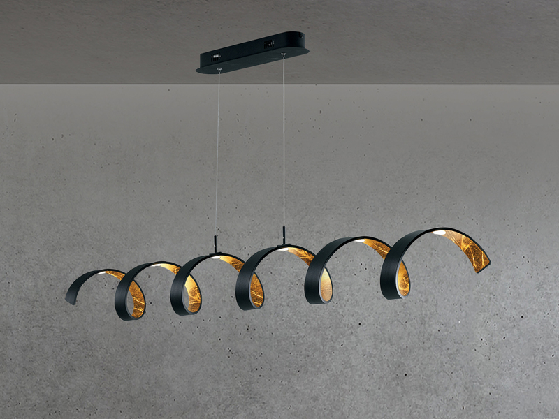 Ausgefallene LED Pendelleuchte HELIX Schwarz / Gold, Breite 125cm