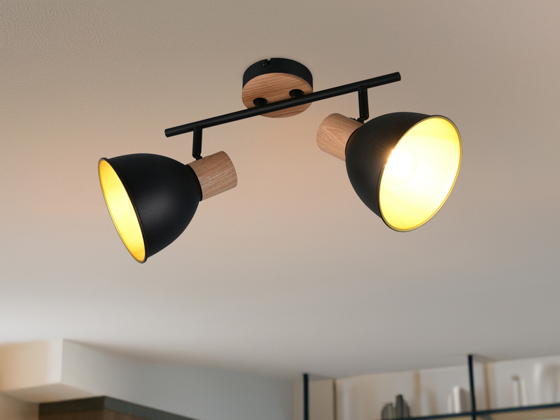 LED Deckenstrahler 2-flammig aus Metall in Schwarz/Gold & Holzoptik, B: 49cm