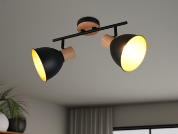 LED Deckenstrahler 2-flammig aus Metall in Schwarz/Gold & Holzoptik, B: 49cm