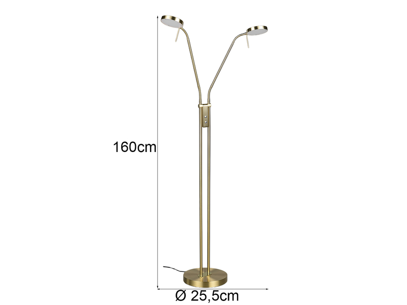 Moderne LED Stehlampe MONZA dimmbar, 2-flammig Messing, Höhe 160cm