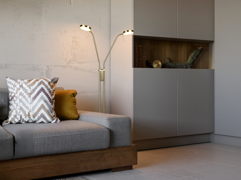 Moderne LED Stehlampe MONZA dimmbar, 2-flammig Messing, Höhe 160cm