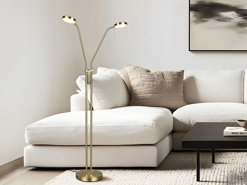 Moderne LED Stehlampe MONZA dimmbar, 2-flammig Messing, Höhe 160cm