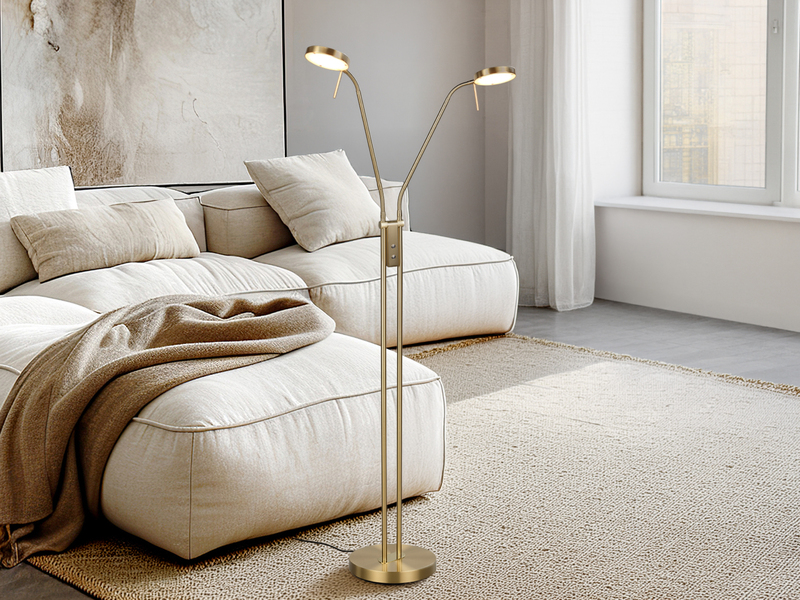 Moderne LED Stehlampe MONZA dimmbar, 2-flammig Messing, Höhe 160cm