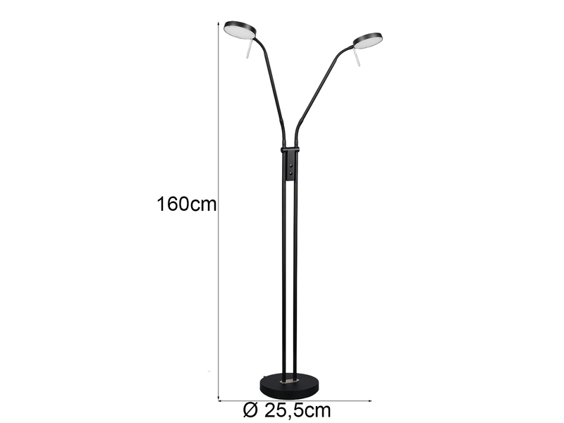 Moderne LED Stehlampe MONZA dimmbar, 2-flammig Schwarz, Höhe 160cm
