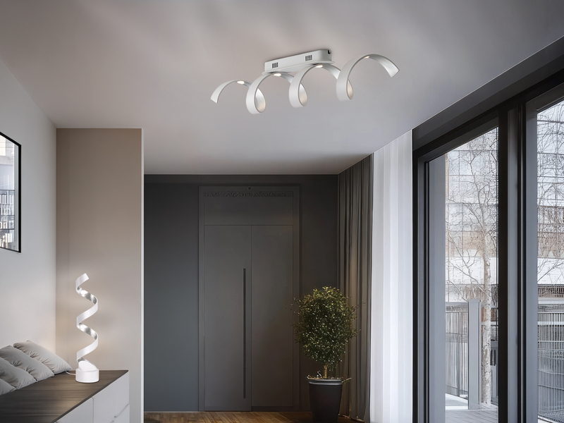 Ausgefallene LED Deckenlleuchte HELIX Weiß / Silber, Breite 80cm