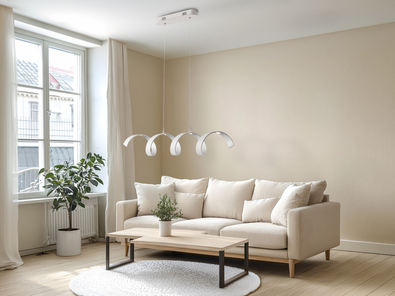 Ausgefallene LED Pendelleuchte HELIX Weiß / Silber, Breite 80cm