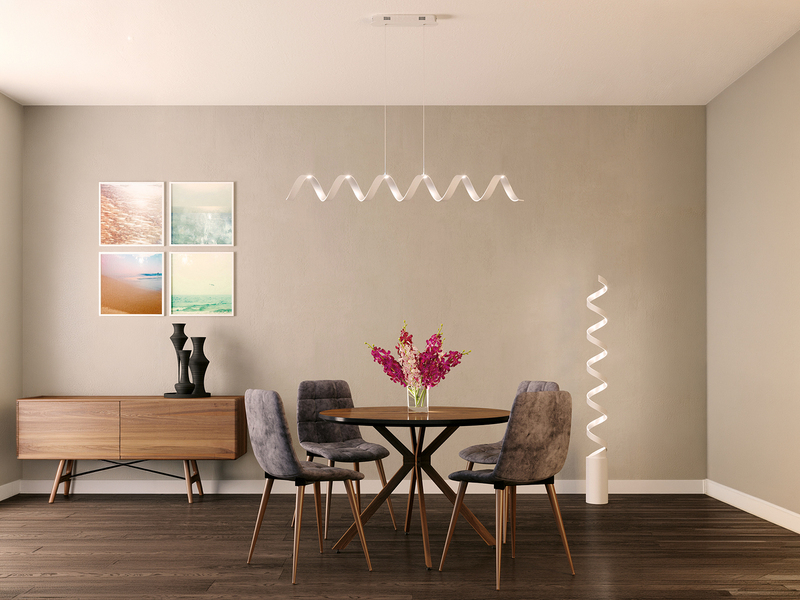 Ausgefallene LED Pendelleuchte HELIX Weiß / Silber, Breite 125cm