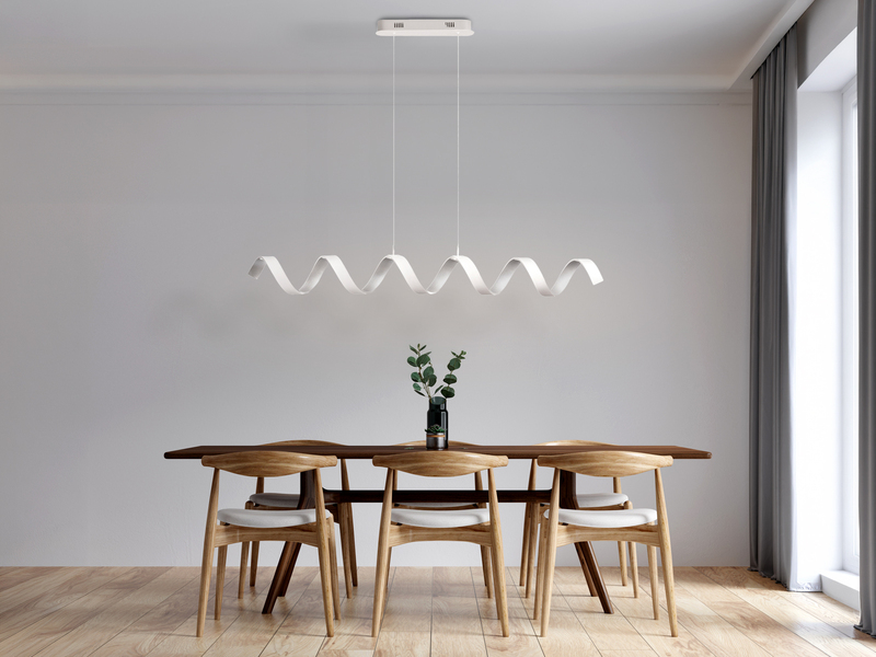 Ausgefallene LED Pendelleuchte HELIX Weiß / Silber, Breite 125cm
