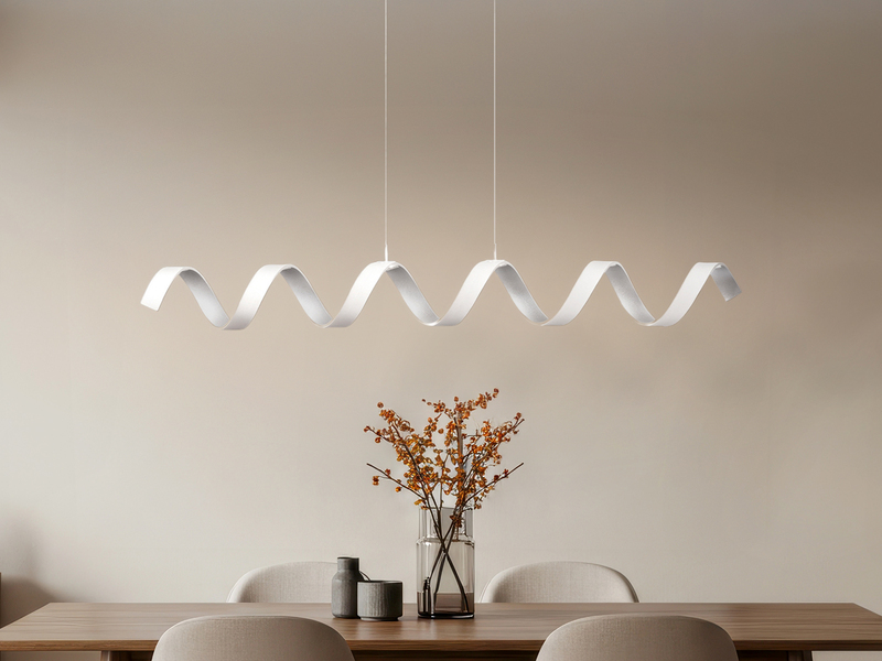Ausgefallene LED Pendelleuchte HELIX Weiß / Silber, Breite 125cm