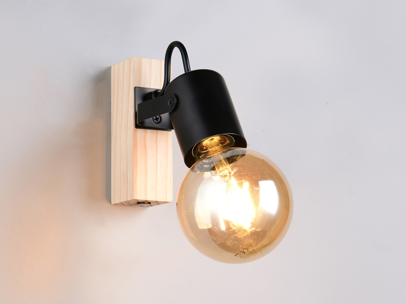 Wandstrahler LYNAR aus Metall in Schwarz mit Naturholz, Höhe 13cm