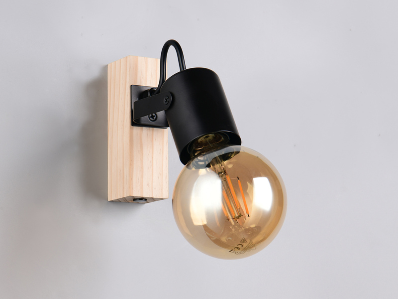 Wandstrahler LYNAR aus Metall in Schwarz mit Naturholz, Höhe 13cm