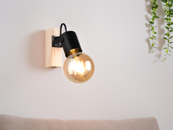 Wandstrahler LYNAR aus Metall in Schwarz mit Naturholz, Höhe 13cm