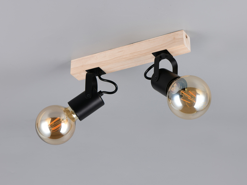 Deckenstrahler LYNAR 2-flammig aus Metall Schwarz mit Naturholz, Breite 31cm