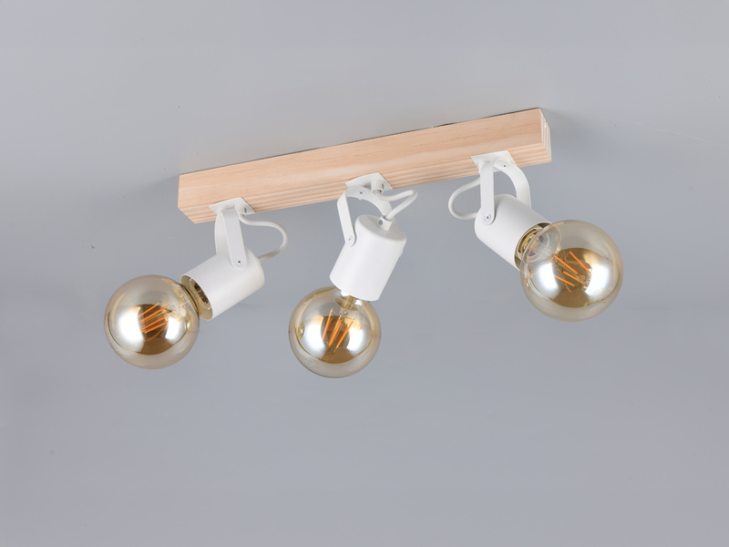 Deckenstrahler LYNAR 3-flammig aus Metall Weiß mit Naturholz, Breite 42cm