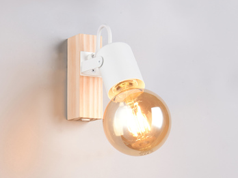 LED Wandstrahler aus Metall in Weiß mit Naturholz, Höhe 13cm