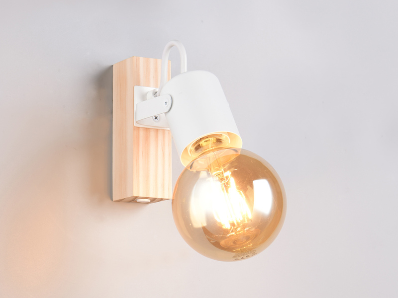 LED Wandstrahler aus Metall in Weiß mit Naturholz, Höhe 13cm