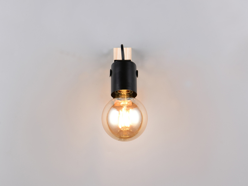LED Wandstrahler aus Metall in Schwarz mit Naturholz, Höhe 13cm