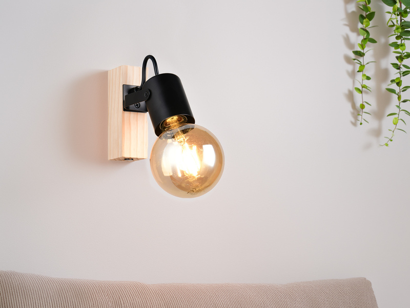 LED Wandstrahler aus Metall in Schwarz mit Naturholz, Höhe 13cm