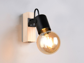 LED Wandstrahler aus Metall in Schwarz mit Naturholz, Höhe 13cm
