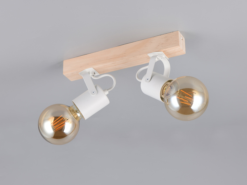 LED Deckenstrahler 2-flammig aus Metall Weiß mit Naturholz, Breite 31cm