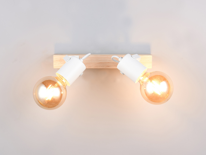 LED Deckenstrahler 2-flammig aus Metall Weiß mit Naturholz, Breite 31cm