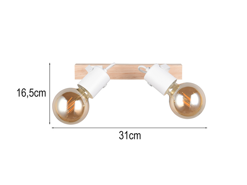 LED Deckenstrahler 2-flammig aus Metall Weiß mit Naturholz, Breite 31cm
