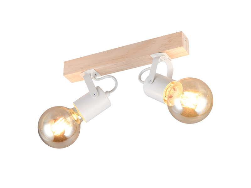 LED Deckenstrahler 2-flammig aus Metall Weiß mit Naturholz, Breite 31cm