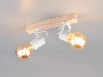 LED Deckenstrahler 2-flammig aus Metall Weiß mit Naturholz, Breite 31cm