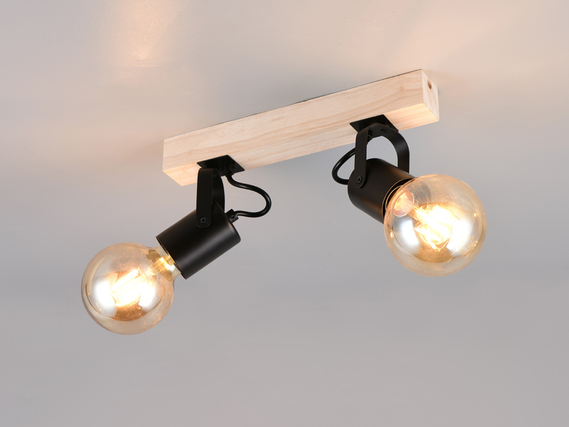 LED Deckenstrahler 2-flammig aus Metall Schwarz mit Naturholz, Breite 31cm